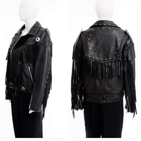 Black leather fringed jacket / XL - Picture 1 of 10